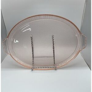 Vintage Pink Depression Glass Oval Serving Tray w Handles